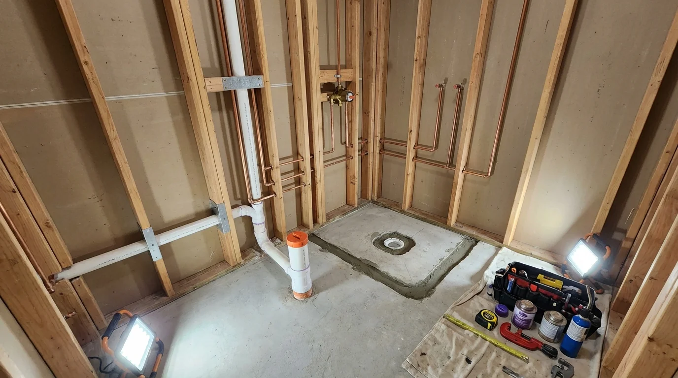 Bathroom rough-in plumbing during remodel by Johns Plumbing LLC in Selbyville