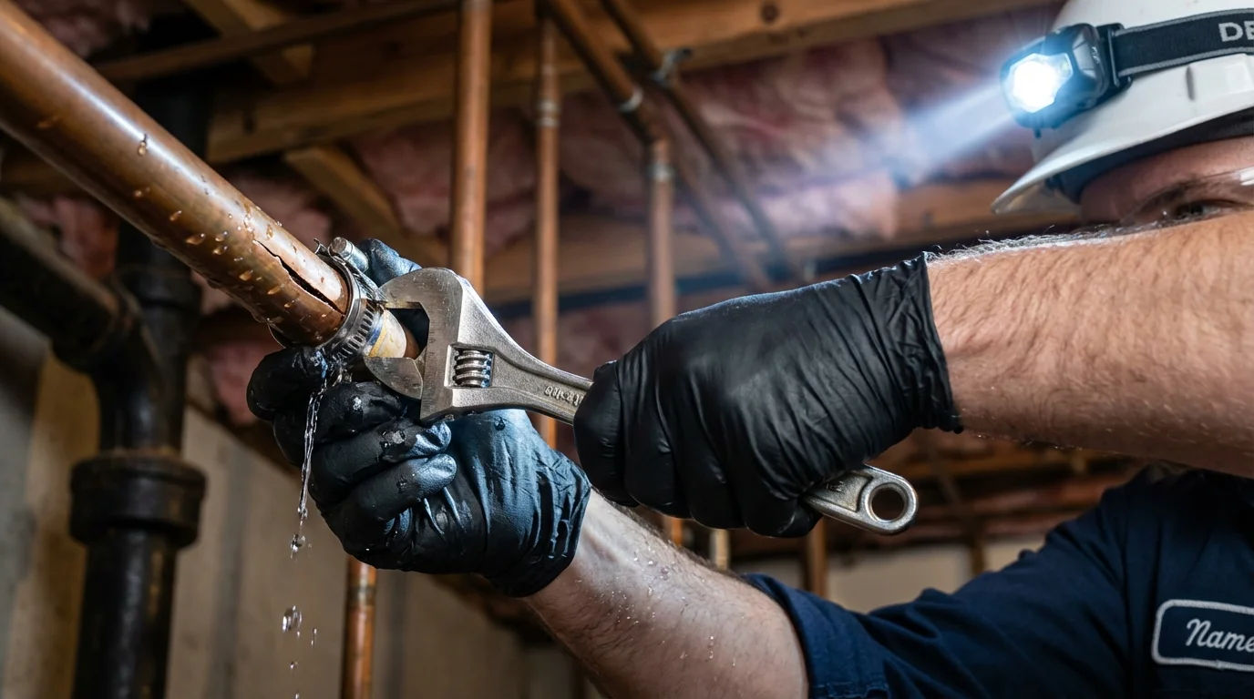 Emergency pipe clamp repair being performed by a Johns Plumbing LLC plumber in Selbyville
