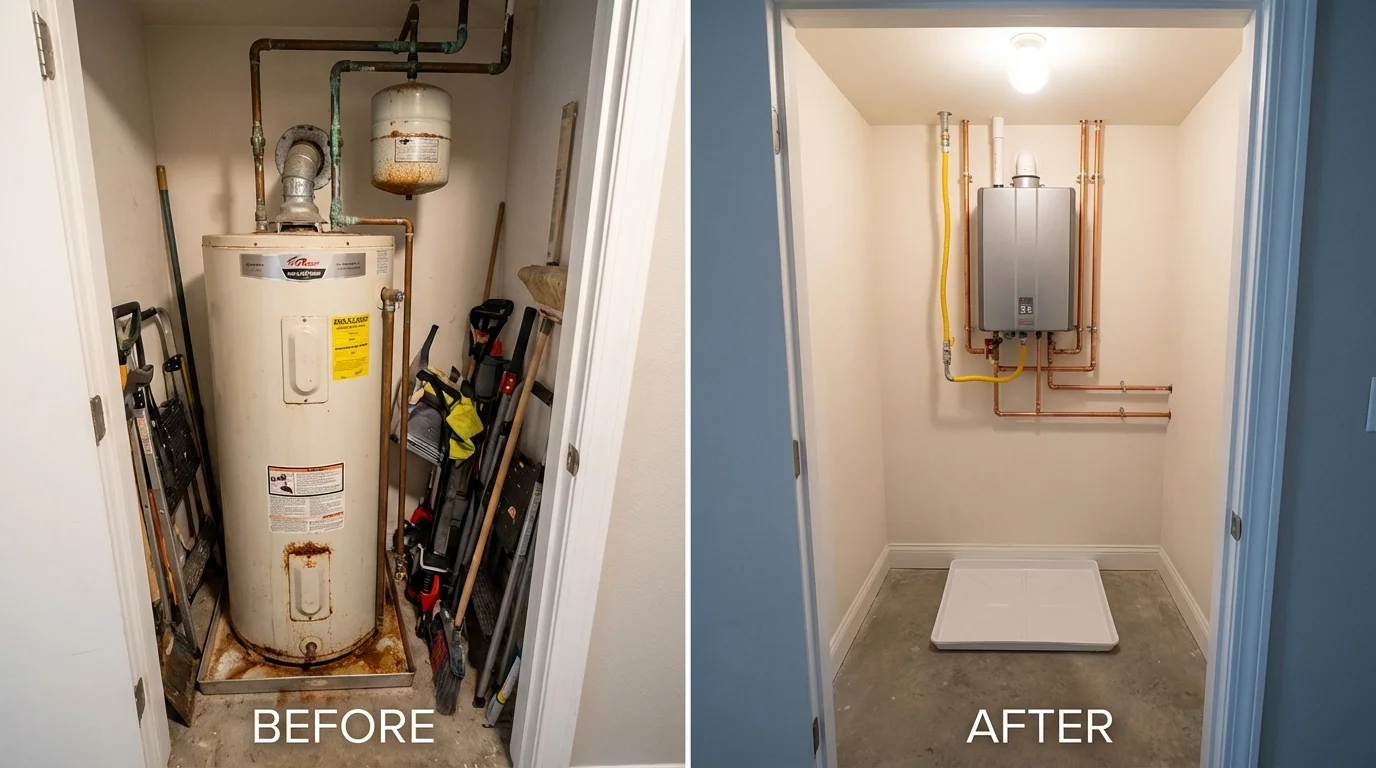 Tank water heater versus wall-mounted tankless unit comparison for Selbyville, DE homeowners