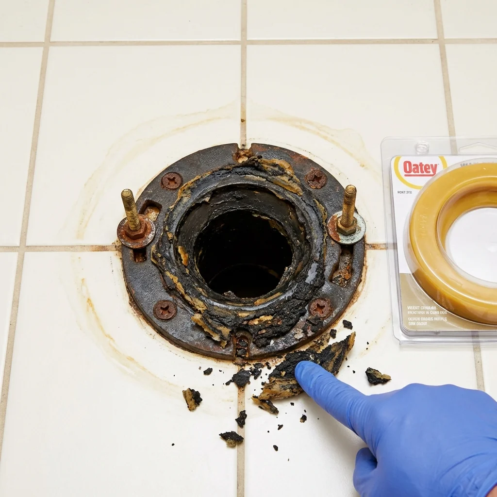 Failed wax ring showing water seepage at the base of a toilet in a Selbyville, DE home