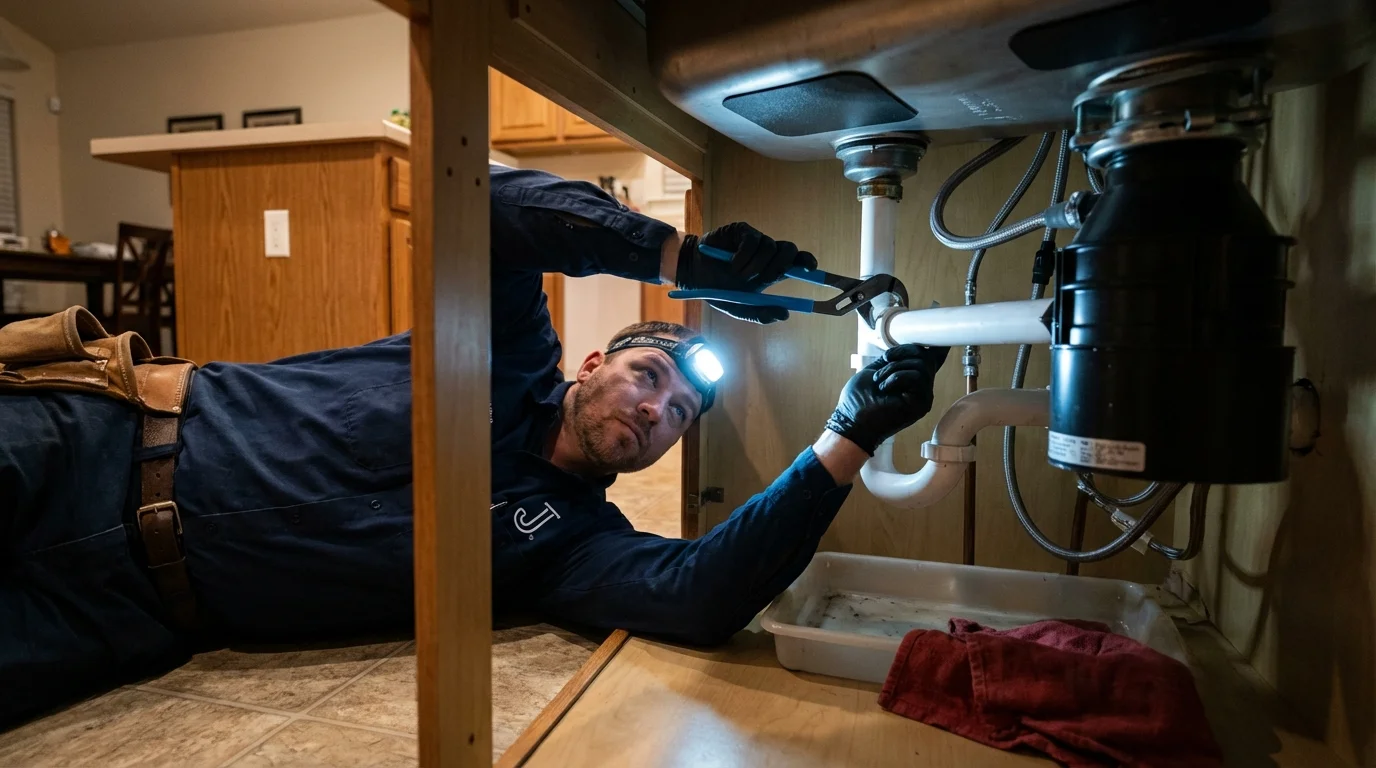 P-trap and supply line connections under a kitchen sink showing a common leak point in Selbyville, DE